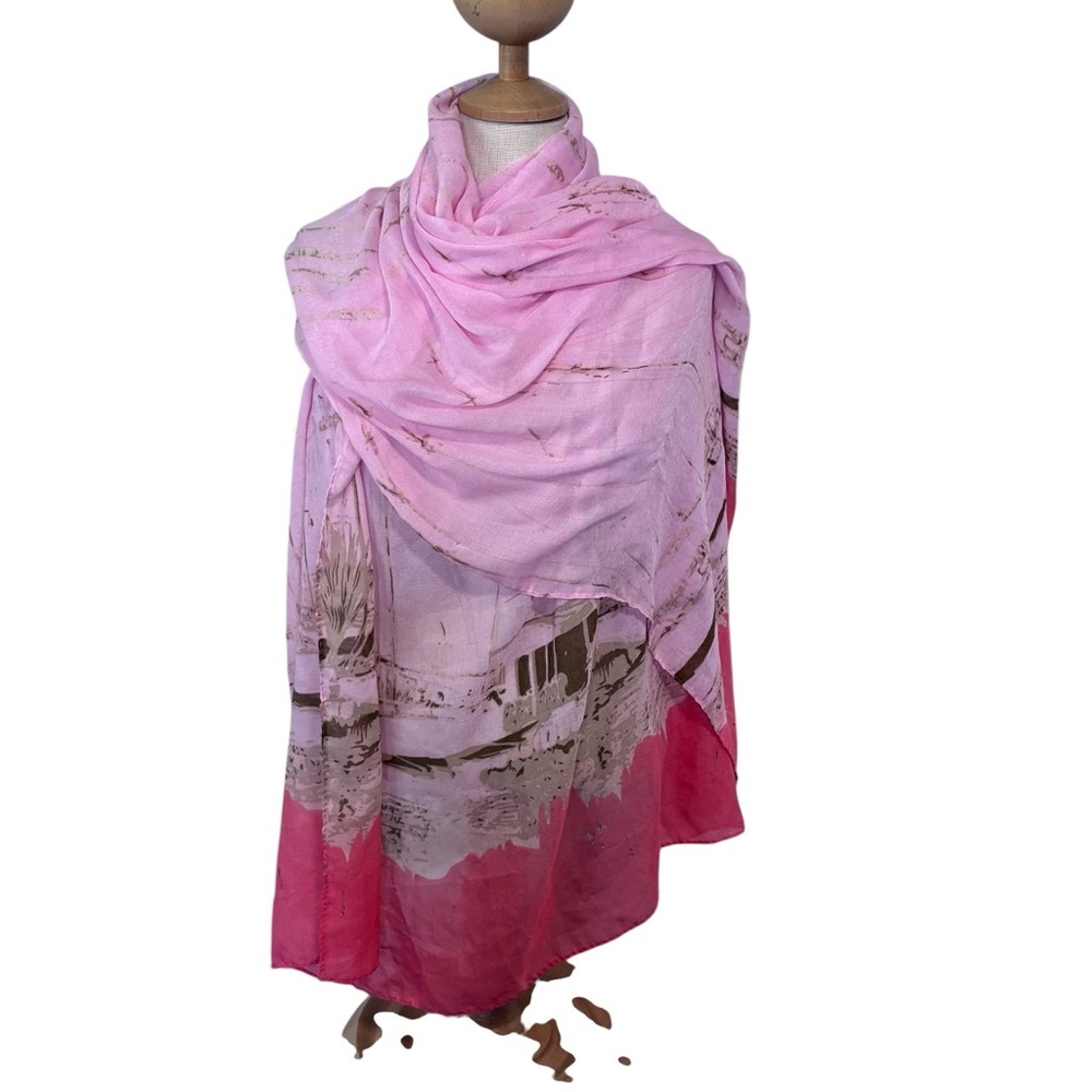 Pink Coral Tan Ombre Print Wrap Scarf